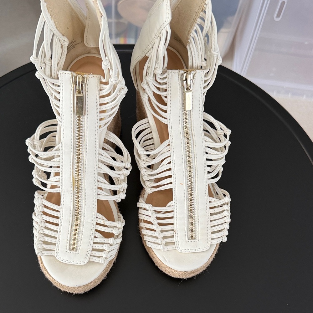 JustFab White Strappy Braided Wedge Sandals with Front Zip